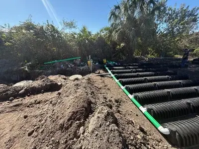 An outdoor job site shows a plumbing installation with rows of black corrugated pipes laid in a trench, connected by a green pipe. Piles of dirt are visible, along with some plumbing equipment and a worker in the background.